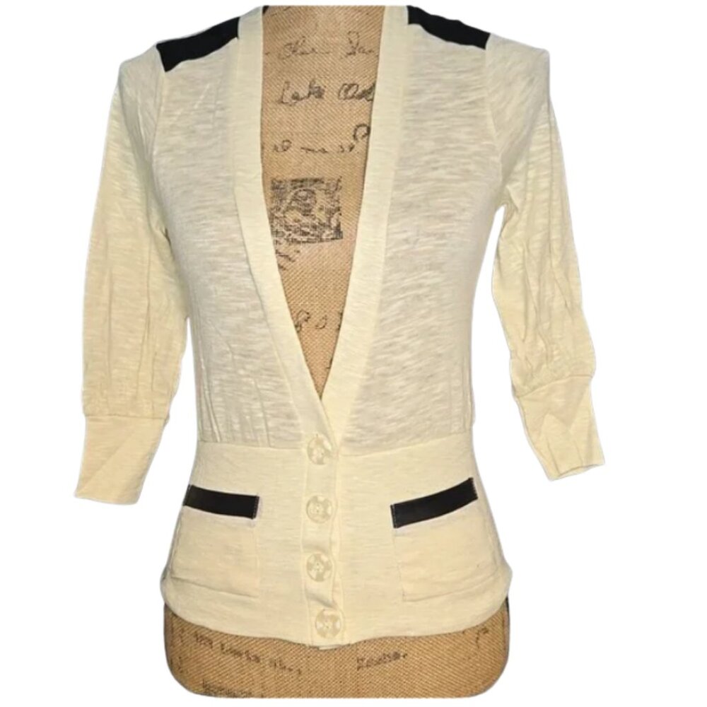 NWT Nordstrom Poof cream lightweight cardigan with black contrast Small